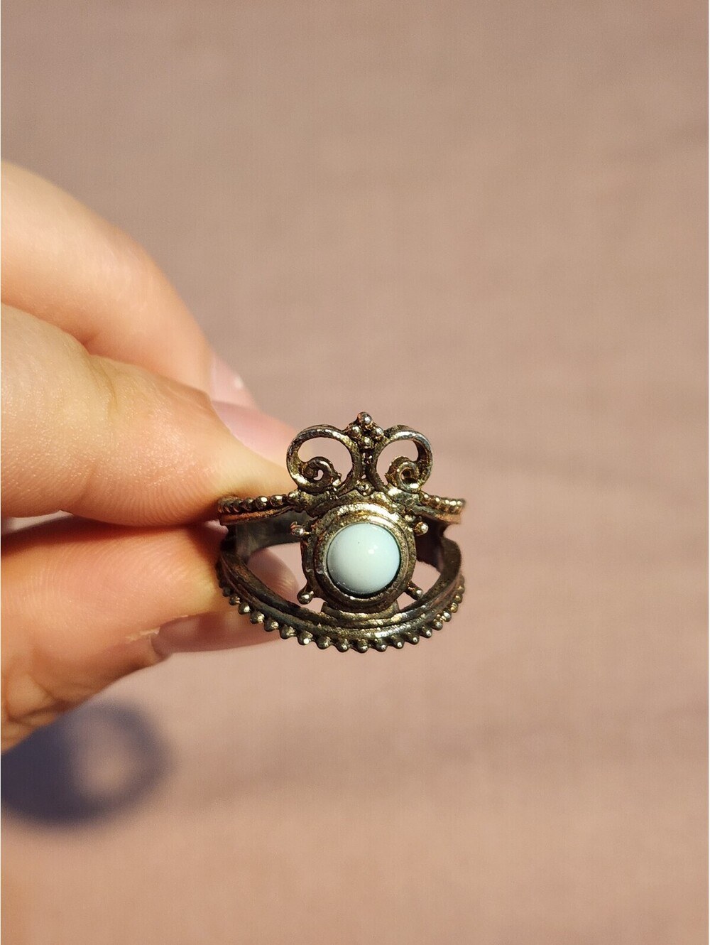 Vintage Style Bronze Ring with Light Blue Stone Accent